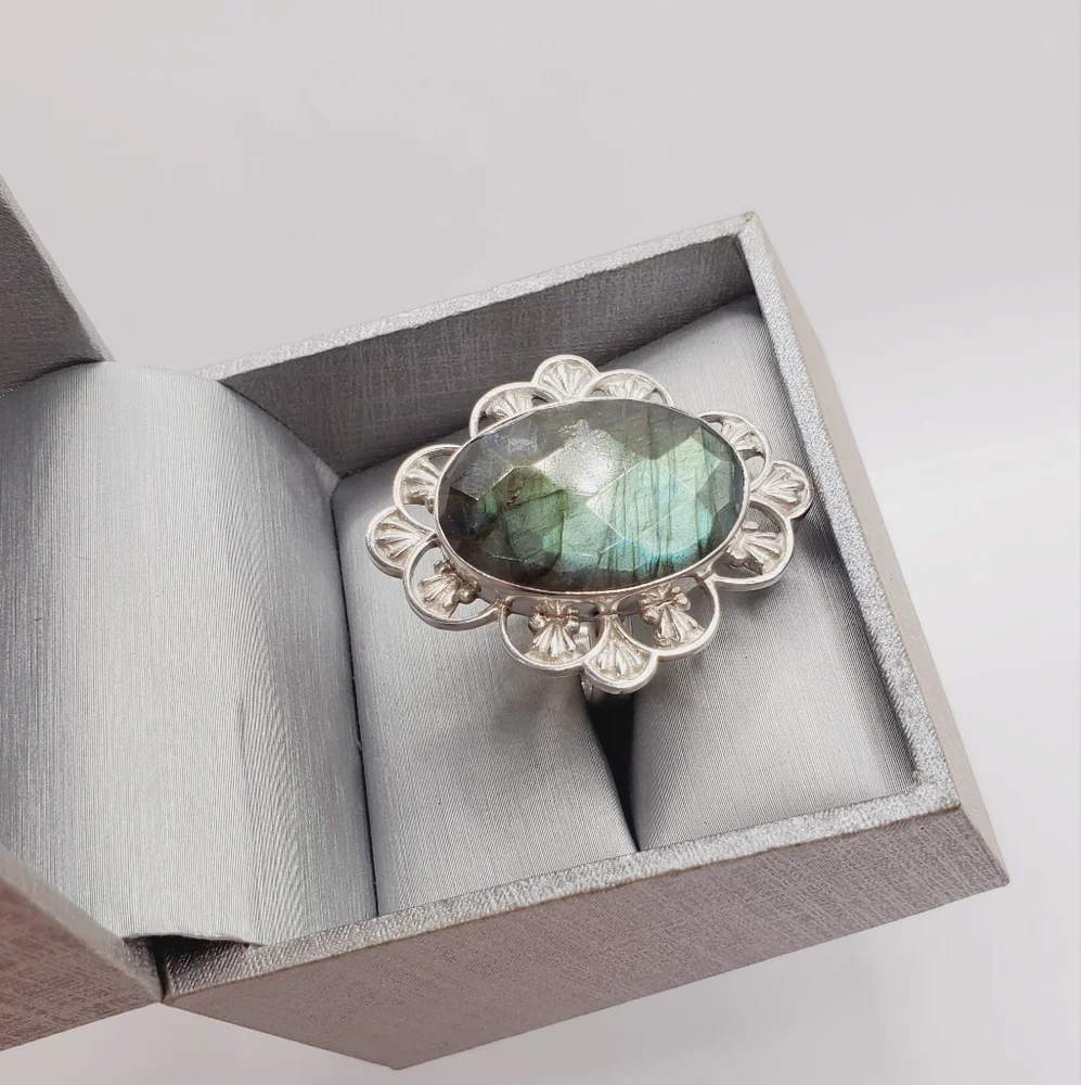925 Sterling Silver Ring Blue Green Labradorite Ring Statement Ring Face…